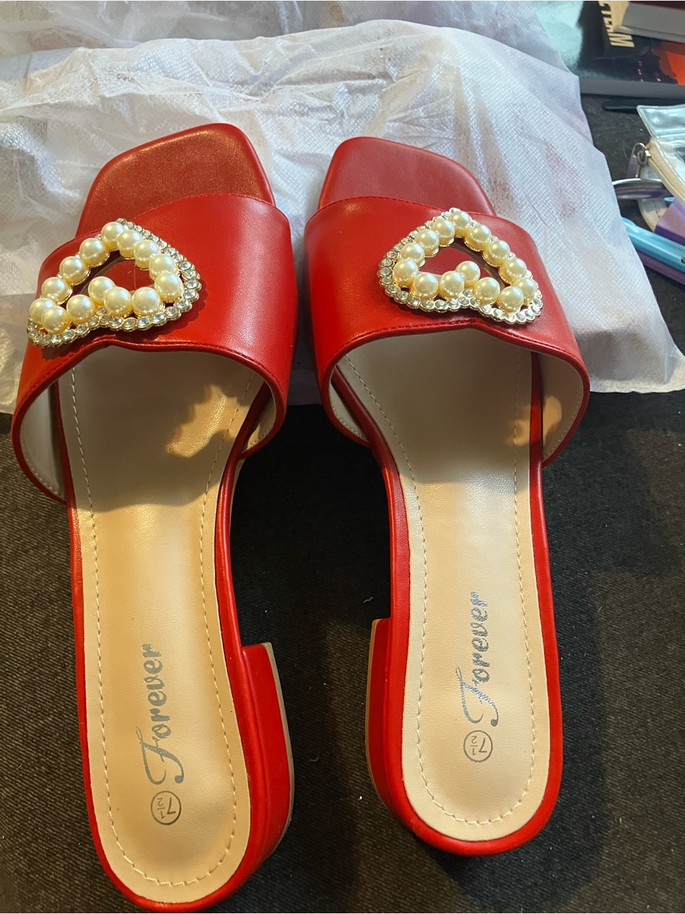 Forever brand new Red Slide Sandals with Pearl Heart Accent